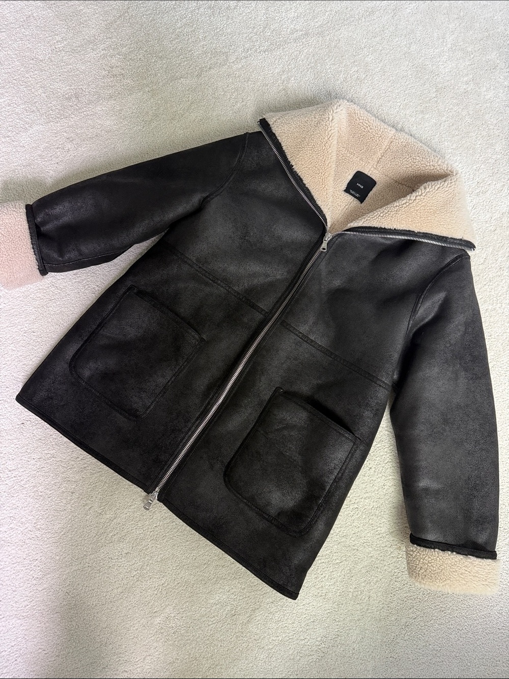 MANGO Luxurious Black Shearling Lined Zip Jacket with Cream Teddy🧸Lining